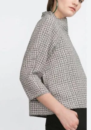 Zara | Tweed 3/4 Sleeve Blouse Black White XS Mock neck thumbnail 1