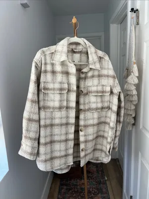 H&M Neutral Cream Tan Plaid Button Down Oversized Shacket Small thumbnail 3