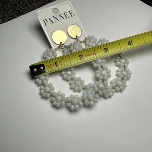 Large Statement Gold Tone White Bead Flower Circle Dangle Drop Pierced Earrings thumbnail 3