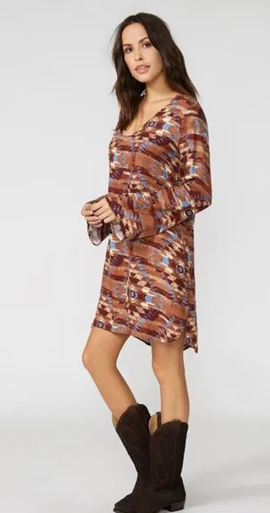 Stetson L Bell Sleeve Dress Aztec Navajo Western Rayon Brown Southwestern Ranch thumbnail 1