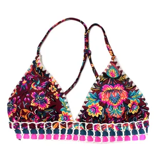 Xhilaration | Burgundy/Pink Multi Boho Floral Print Triangle Bikini Top thumbnail 1