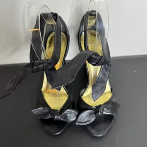 Coach Black Leather Peep-Toe Heels, Ankle Tie, 3.5" Block Heel, Size 6B thumbnail 5