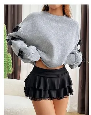 Women's Gray With Black Bows On The Sleeves Long Sleeve Sweatshirt Size XXL thumbnail 2