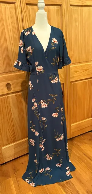 Lulus September Sunsets Dark Teal Floral Print Wrap Maxi Dress NWT size M thumbnail 1
