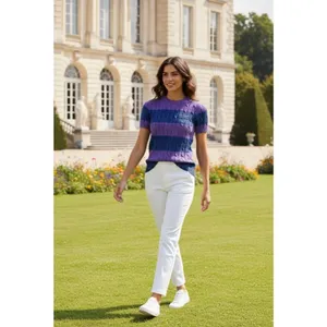 NWT Polo Ralph Lauren Striped Cable-Knit Short-Sleeve Sweater in Purple Navy XS thumbnail 2