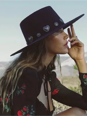 Wyeth Rochelle Boater Hat Black Wool Felt Western Heart Concho Vintage Cowgirl thumbnail 3