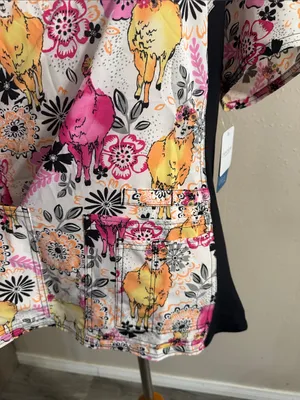 Cherokee V-Neck Scrub Top in Pink, Yellow & Black Floral llama Print thumbnail 4