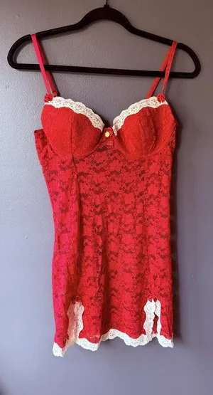 Red Lace Lingerie Dress with White Trim and Adjustable Straps thumbnail 1