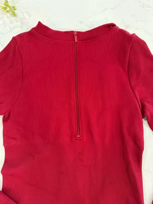 Ribbed Long-Sleeve One-Piece Jumpsuit in Burgundy thumbnail 6