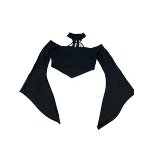 Killstar Black Gothic Crop Top Bell Sleeve Lace Up Choker Neck Witchy Emo M thumbnail 2