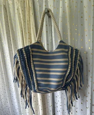 Boho Macrame Stripe Fringe Woven Southwestern Rope Handles Beach Open Tote Bag thumbnail 4