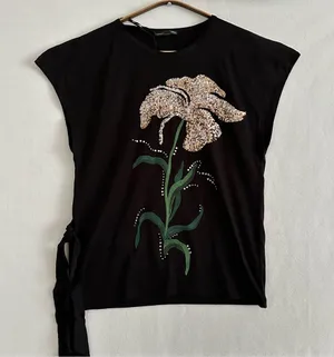NWT Zara Women’s T-shirts Floral Sequins Black Sleeveless Size S thumbnail 1