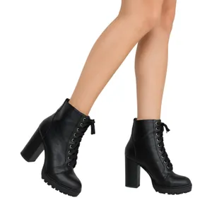 SODA Black Faux Leather Combat Boot Lace Up Ankle Heel Booties Size 8 thumbnail 1
