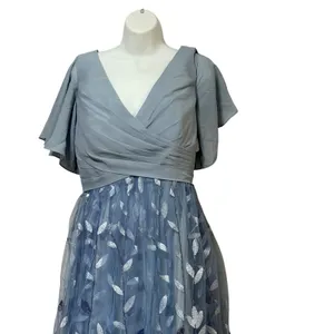 Witness of Love Blue‎ Embroidered Leaf Sequin Tulle Maxi Dress US 16 Flutter thumbnail 3