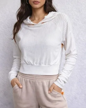 Free People Movement White Ribbed Hoodie Pullover Cropped Top Sz S NWT thumbnail 1
