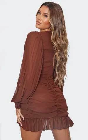 Pretty Little Thing Chiffon Pleated Balloon Sleeve Ruched Bodycon Dress thumbnail 3