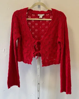 Sincerely‎ Jules Red Pointelle Knit Tie Front Cropped Cardigan Sweater Medium thumbnail 1