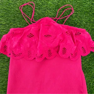 Anthropologie Ruffled Halter Cottage Pink Embroidered Crochet Tank Blouse Top thumbnail 6