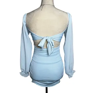 Lucy in the Sky‎ Baby Blue Mesh Sleeve Mini Dress XS | Romantic Pastel Soft Girl thumbnail 3