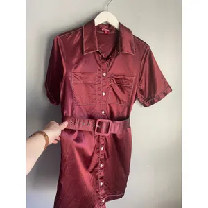 STAUD Bentley Burgundy Satin Short Sleeve Belted Mini Shirt‎ Dress Size M thumbnail 5