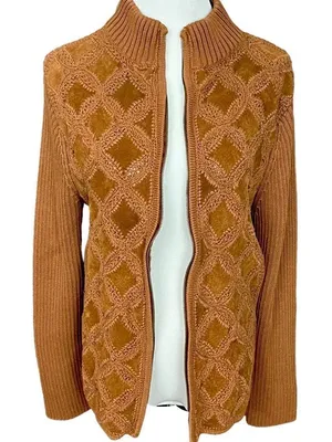Vintage Y2K Lisa International Sweater Jacket Camel Suede / Crochet Knit XL thumbnail 1