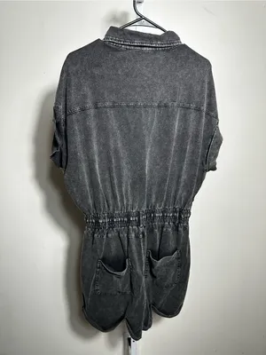 X110. white birch Washed Black Button-Front Short Sleeve Romper Top thumbnail 3