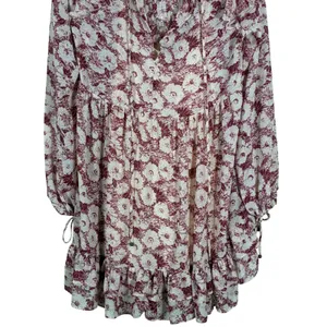 Free People Floral Babydoll Ruffle Mini Dress Burgundy Boho Pintuck Size S thumbnail 5