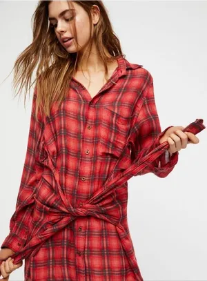 Free People FP One Grunge Mini Dress Long Sleeve Plaid Button Front Size L thumbnail 1