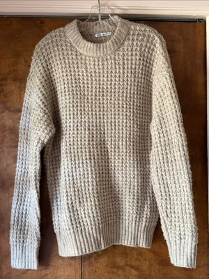 Zara Beige Waffle Knit Crewneck Sweater Oversized Chunky Long Sleeve Pullover thumbnail 2