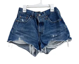 Levis 501 High Rise Distressed Denim Shorts Medium Wash Blue Size 25 Button Fly thumbnail 1