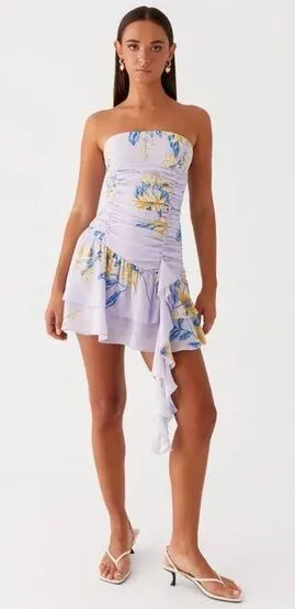 Peppermayo Viviana Mini Dress Lavender Floral Ruched Strapless Ruffle US 6 thumbnail 1
