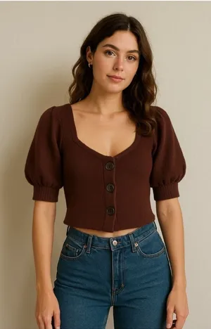 Free People Brown Cropped Puff Sleeve Cardigan thumbnail 1