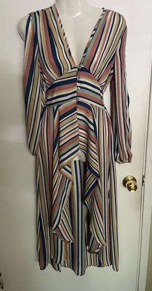 Penelope Asymmetric Stripe Long Sleeve Linen and Silk Shirtdress, featuring a V-neckline thumbnail 1