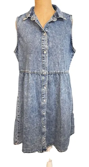Vintage Acid Wash Denim‎ Dress Sleeveless Button Down 90s Medium thumbnail 1
