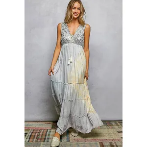 POL Deep V Sleeveless Cotton Bohemian Tiered Maxi Dress -‎ Light Grey - Medium thumbnail 2