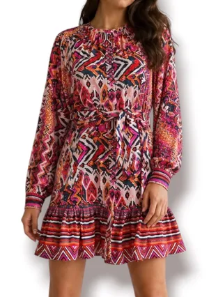 Zara Angie Belted Abstract Print Mini Dress Pink Red Boho‎ Ruffle Drop Waist XS thumbnail 1