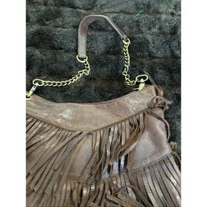 Marta Ponti Cognac brown Genuine Leather Fringe Boho Hobo Shoulder Bag 11.5x11 thumbnail 3