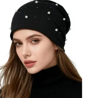 Jessica McClintock Black‎ Beanie with Pearls Rhinestone Beret Hat - Fashion... thumbnail 1
