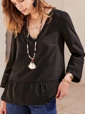 Sézane Angelina Top Black 100% Silk Lace Trim Blouse Size 36 US 4 thumbnail 1