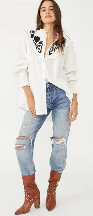 Free People White Button-Front Blouse with Black Floral Embroidery thumbnail 1