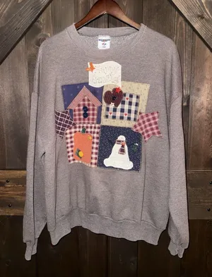 VTG Jerzees Crewneck Sweatshirt XL Patchwork Country Farmhouse Snowman thumbnail 1