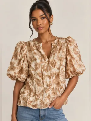 Cece Women Medium Neutral Breezy Puff Sleeve Floral Ditzy Boho Cottagecore Top thumbnail 1