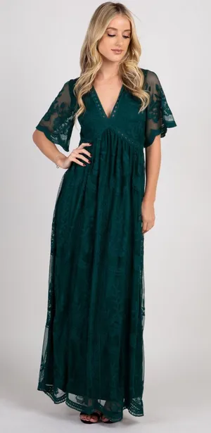 PinkBlush Forest Green Lace Mesh Overlay Maxi Dress thumbnail 1