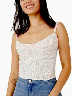 Free People White Eyelet Cropped Cami with Pink Trim thumbnail 1