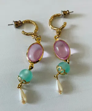 Gold Drop Earrings- Gemstone and Faux Pearl- Pierced Ears- Costume Jewelry thumbnail 2