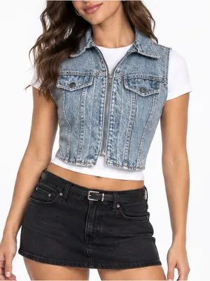 Vintage Kory Intl Blue Denim Vest Small Cropped Zip Front Y2K Grunge Made in USA thumbnail 1