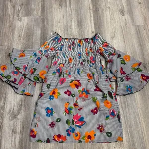 Nicole Miller Floral Striped Smocked Off Shoulder‎ Bell Sleeve Dress Size 10 thumbnail 2