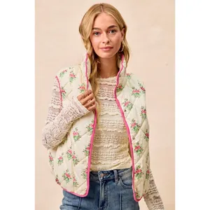 BiBi Floral Print Piping Detail Quilted Vest - Cream/Pink - Large thumbnail 12