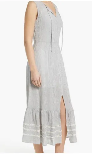 Caslon Striped Cotton Midi Dress Gray White Sleeveless Ruffle Summer M coastal thumbnail 1