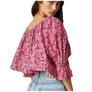 NEW With Tag Free People Pink Floral Cropped James Smock Top Small thumbnail 3